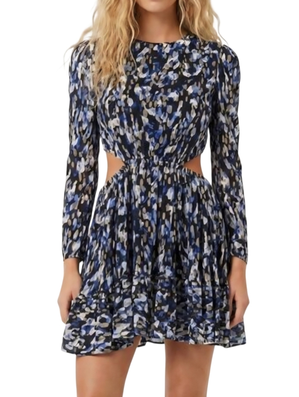 French Connection Navy Bodine Cutout Mini Dress Fit & Flare Long Sleeve, Size 8